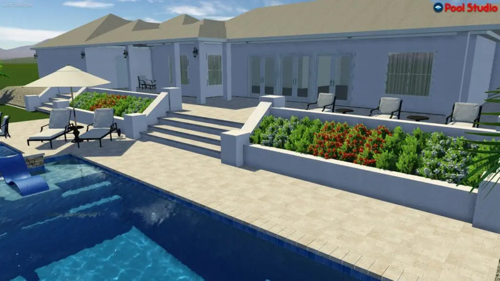 Luxurious backyard design featuring a large swimming pool, elegant patio area with lounge chairs, vibrant flower beds, and a covered seating area, illustrating outdoor living concepts by No Limit Pools & Spas in Gold Canyon, AZ.