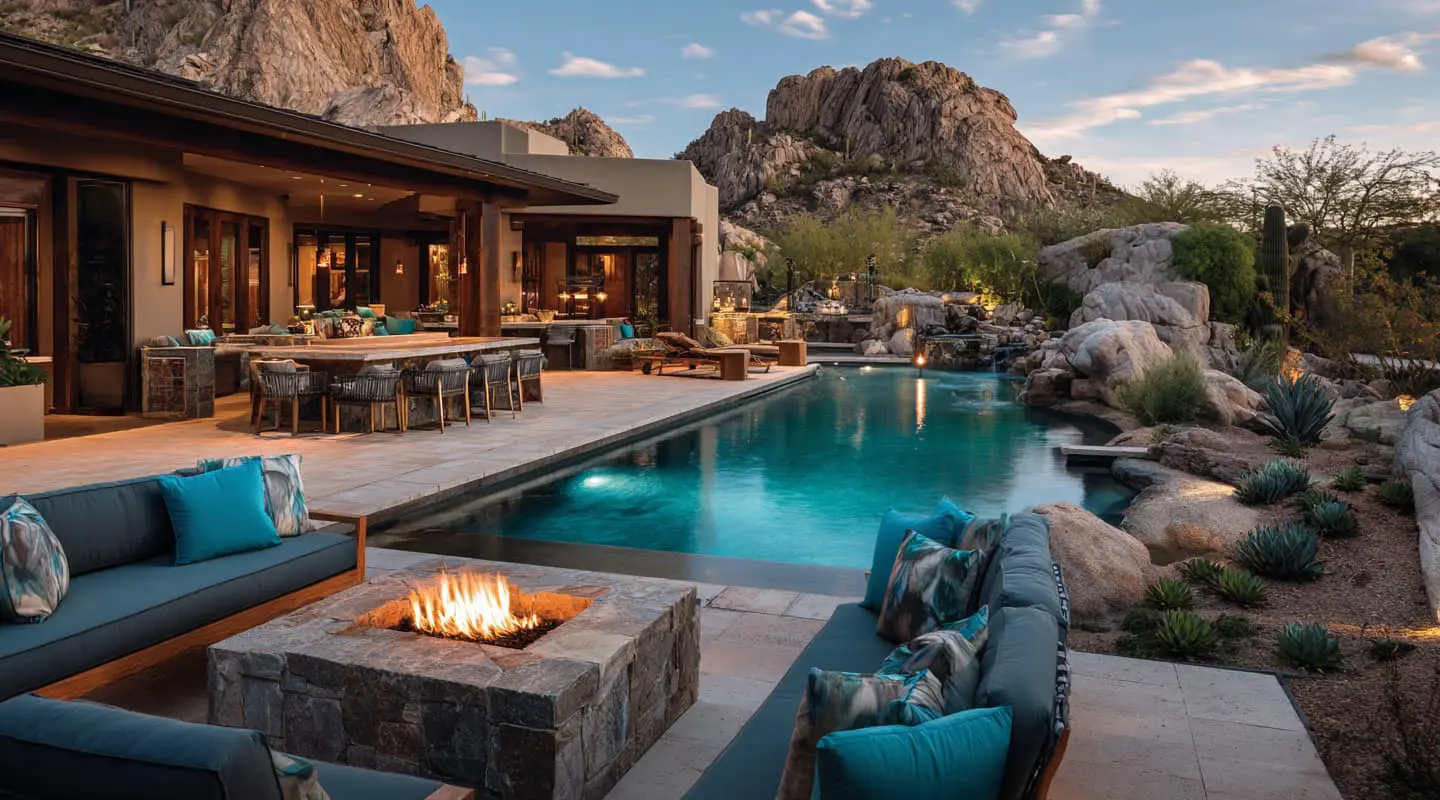 pool, outdoor kitchen, fire pit, sofa, cushions, desert mountains and plants , the he Ultimate Guide to Custom Pool Design & Outdoor Living in Mesa, AZ