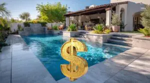 pool, steps, stone walls, with dollar sign, concept of How Much Does It Cost To Build a Custom Pool