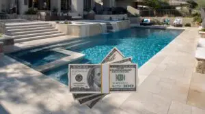 pool, spa, steps, waterfall, dollar bills, concept of financing a custom pool