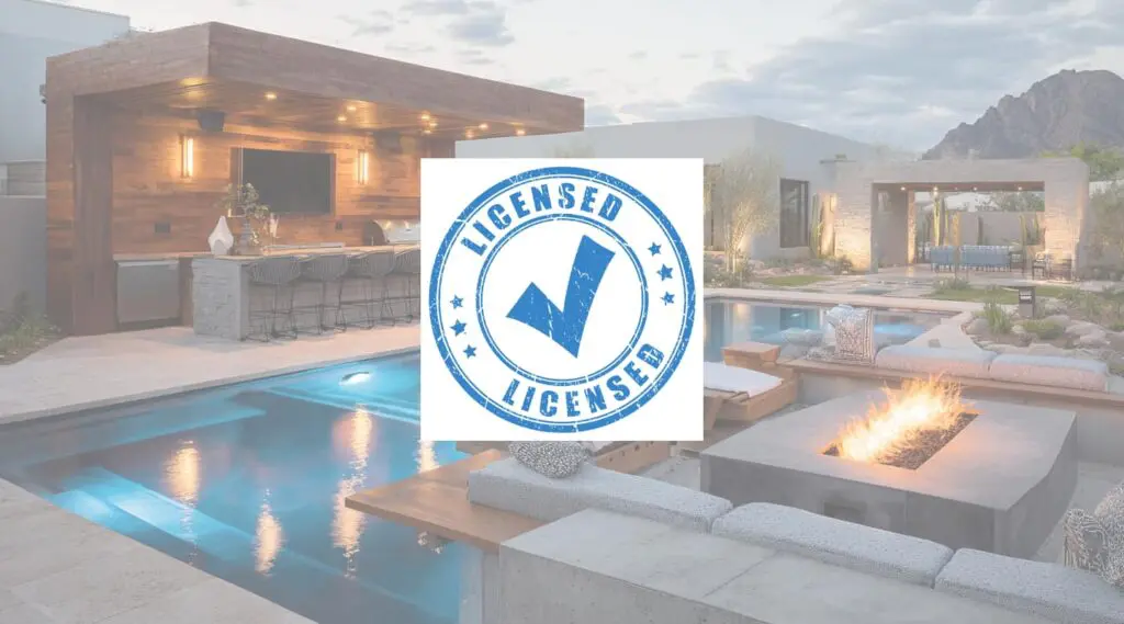 pool in arizona backyard faded out with licensed logo over it, concept of Choosing the Right Pool Builder in Mesa, AZ
