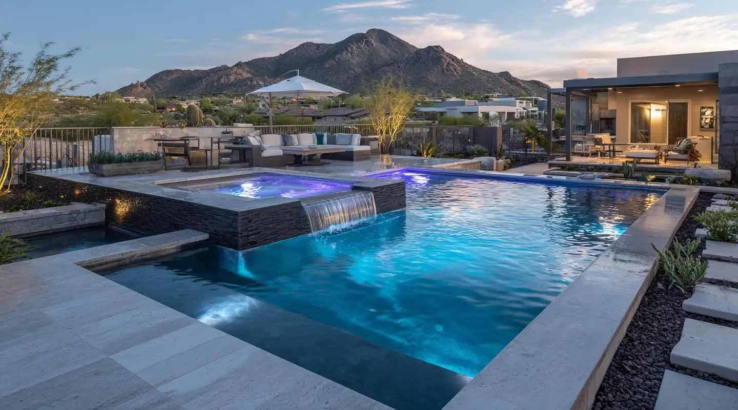 contemporary pool and spa combo, spa with bubblers