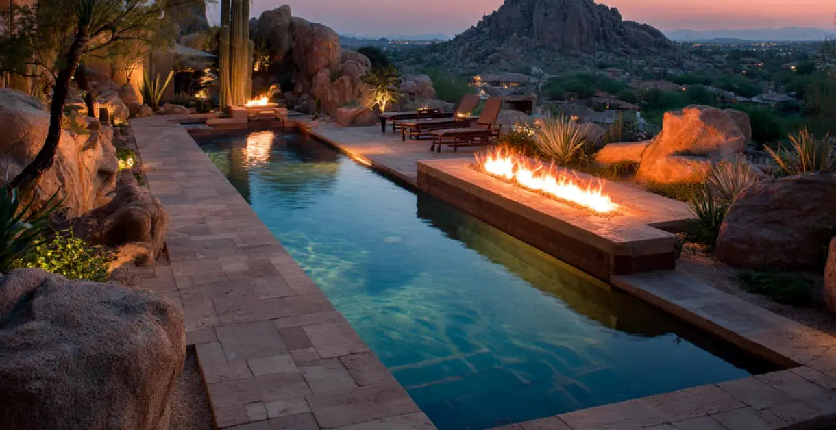 lap pool, firepit, overlooking Arizona desert, representing custom pools and outdoor living, Queen Creek, AZ