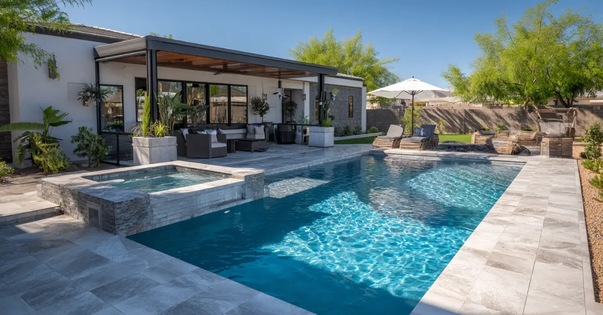 modern pool, spa, representing the pool construction process in Queen Creek AZ