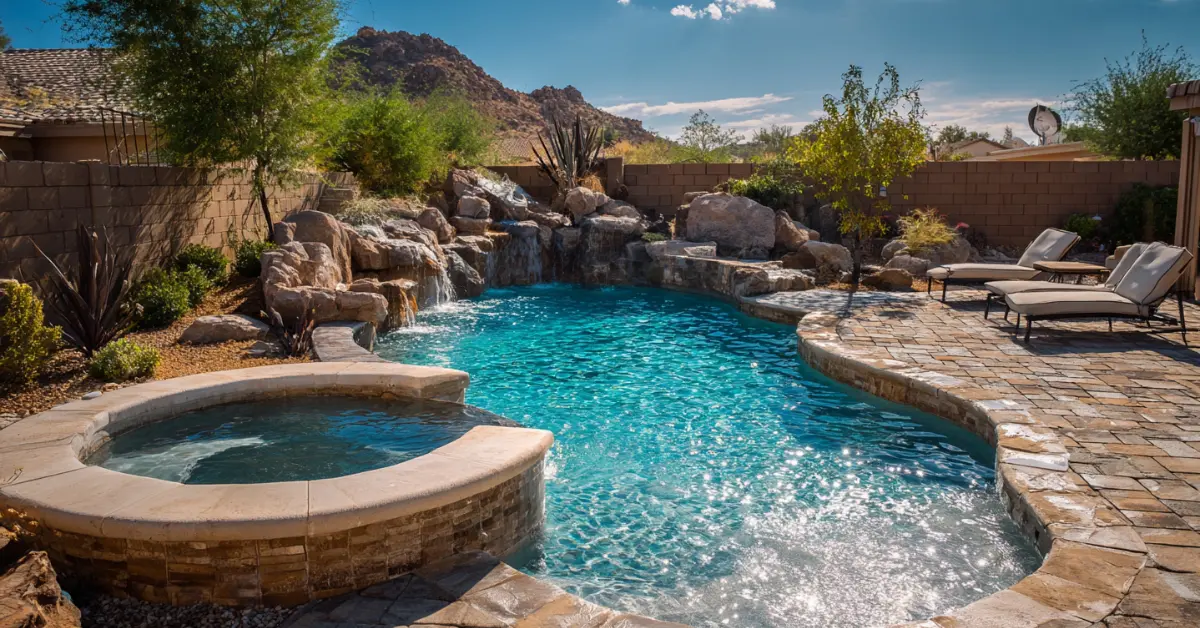 pool, hot tub, pavers, rock waterfall, fence, guide to planning a custom pool in Queen Creek AZ
