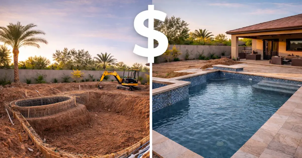 before and after pool with dollar sign, concept of the cost to build a pool in gilbert az