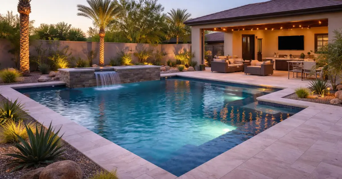 pool, deck, pavillion, outdoor seating, representing planning a custom pool in gilbert az