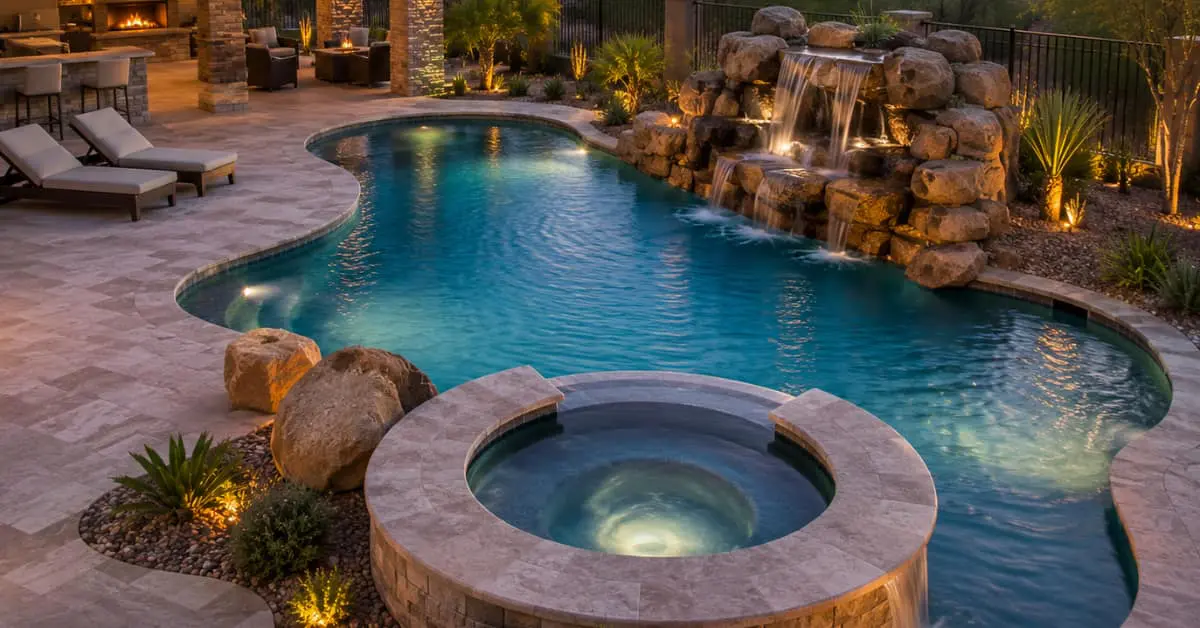 pool, spa, rock waterfall, concept of Custom inground gunite pool builders near me in Arizona