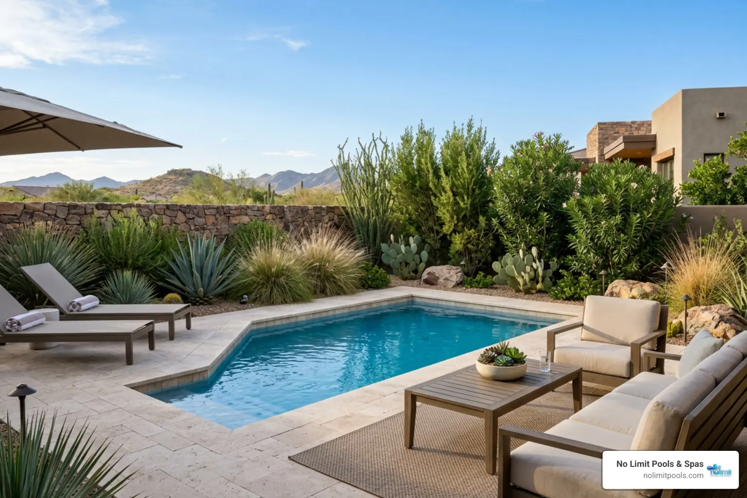 original compact backyard pool design with privacy landscaping