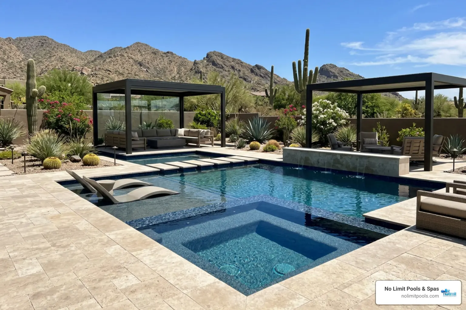 modern custom backyard pool design with integrated spa
