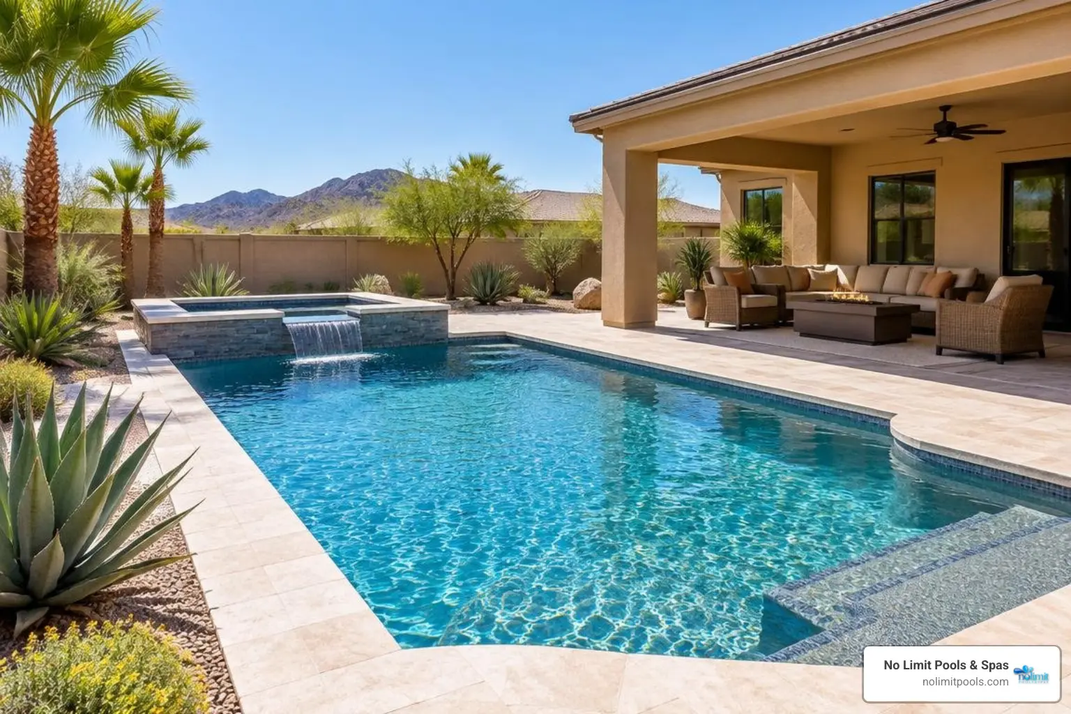 Original Arizona backyard living space with a custom pool, travertine deck, covered lounge, and desert landscaping