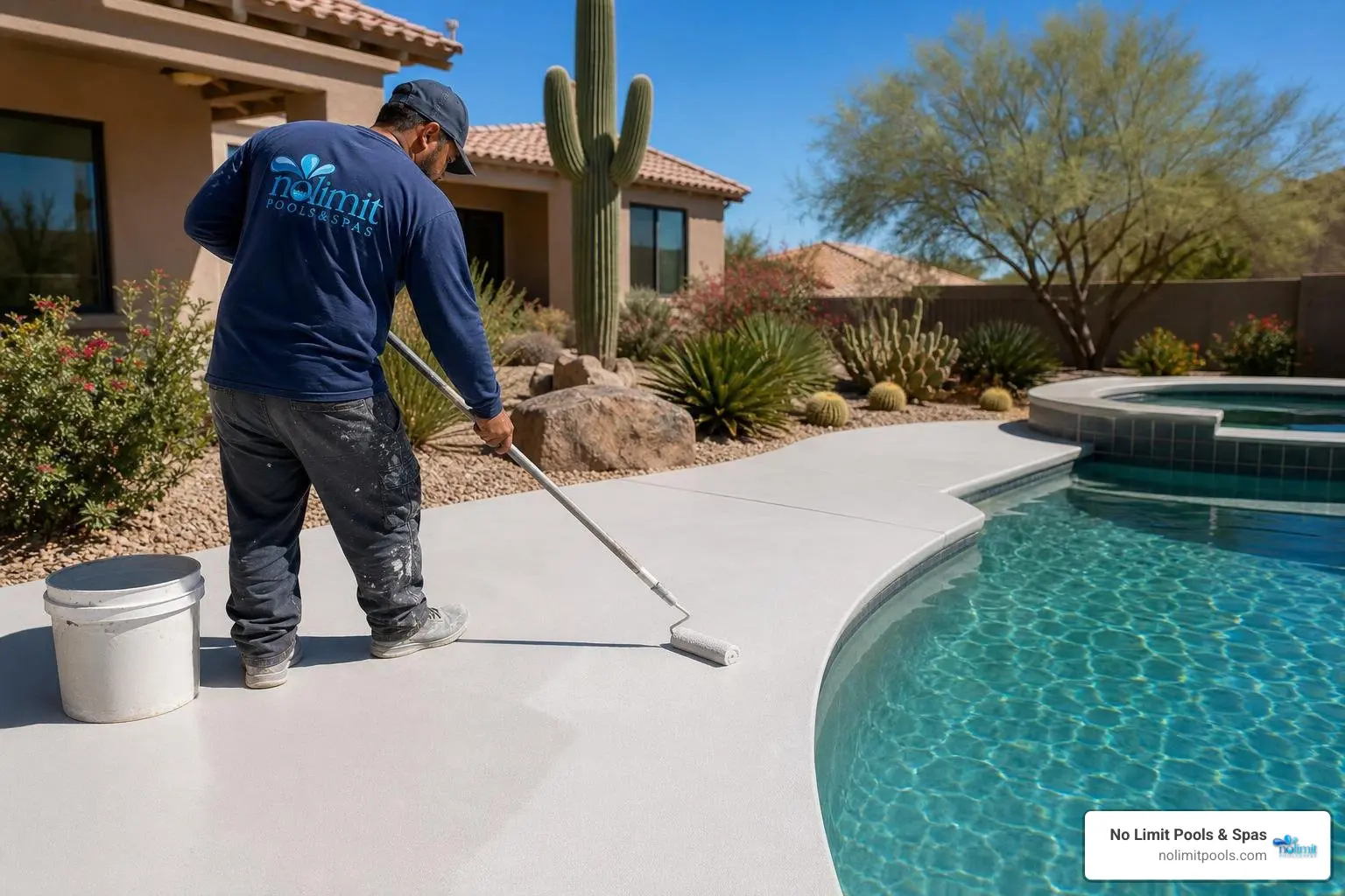 Arizona pool deck resurfacing contractor applying a cool deck coating around a backyard pool