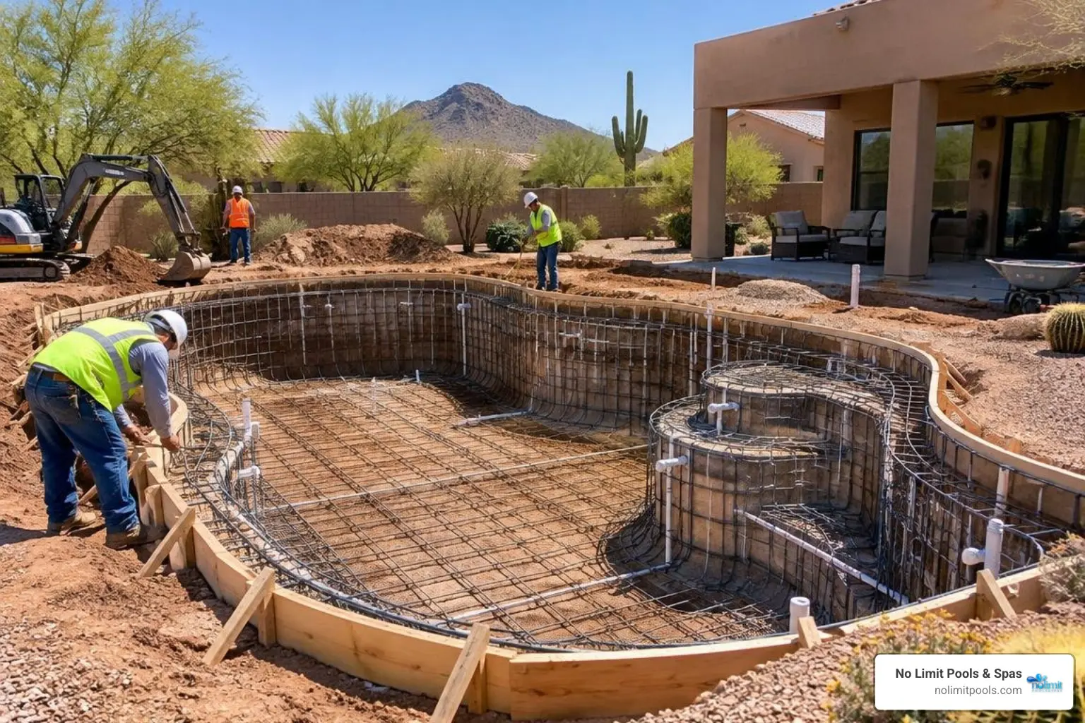 Custom pool under construction in an Arizona backyard