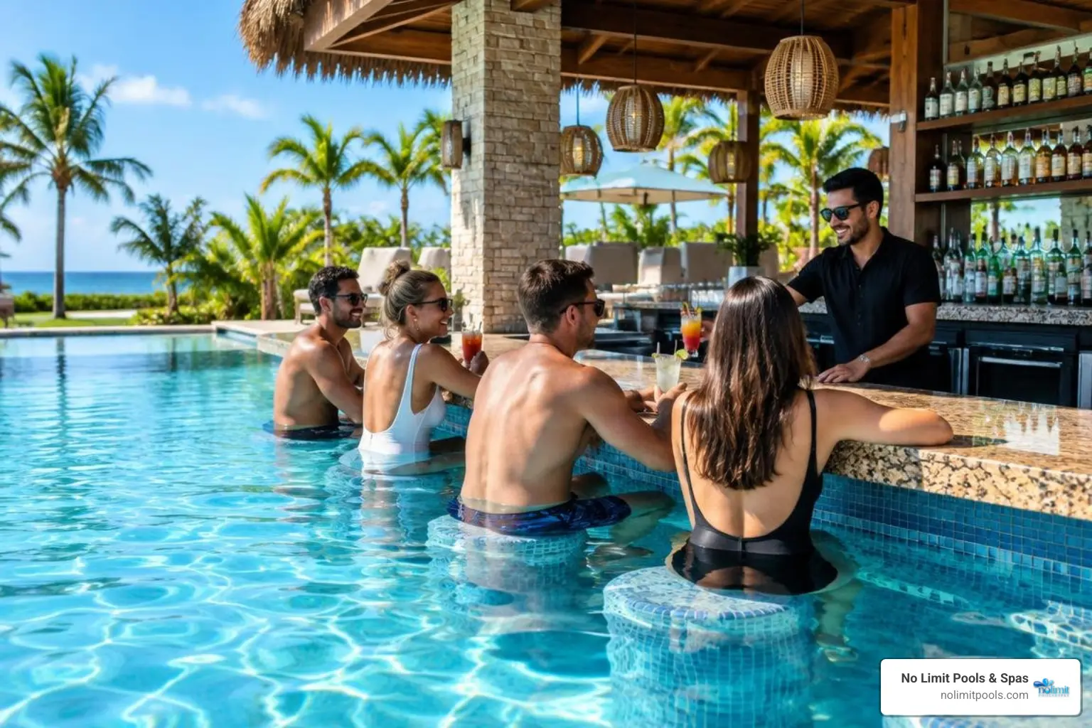 Resort style swim up bar with submerged stools